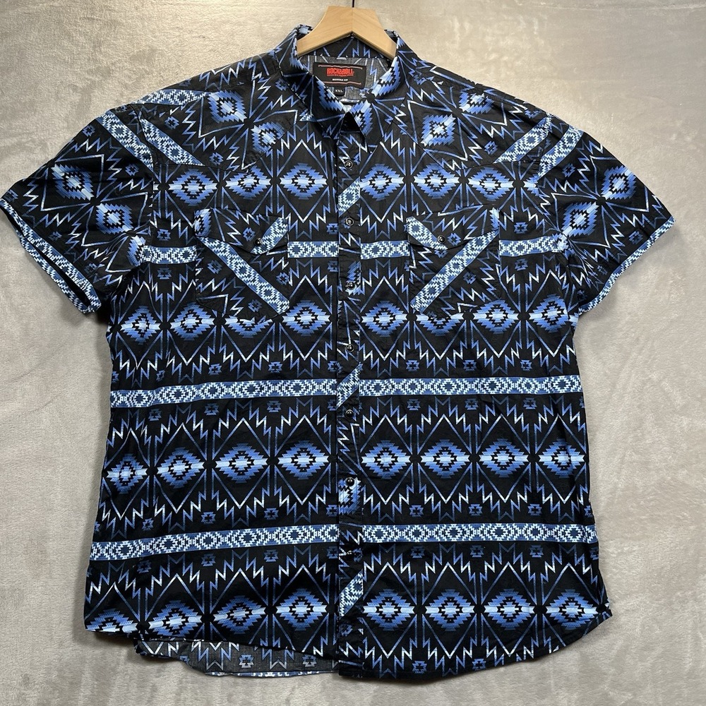 Rock & Roll Denim Shirt Men 2XL Blue Aztec Southwestern Snap Cotton Stretch